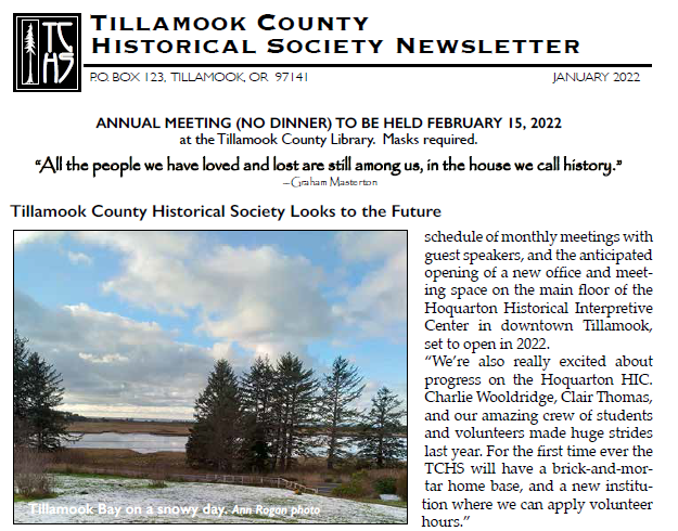 Image of front page of Jan 2022 TCHS Newsletter