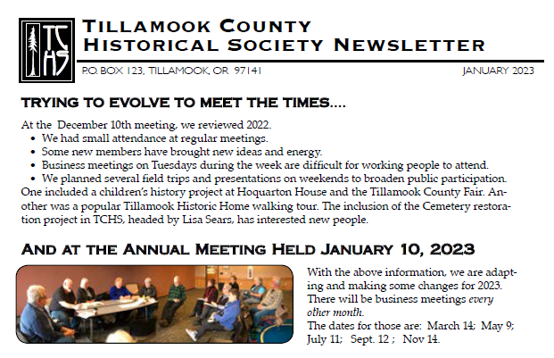 Image of front page of Jan 2023 TCHS Newsletter